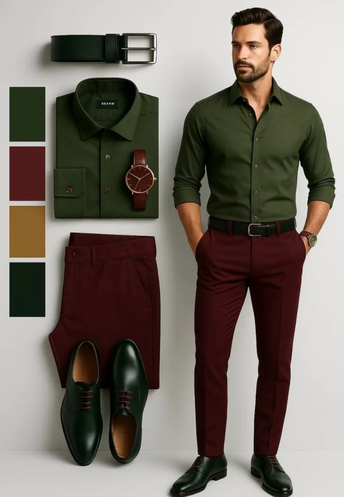 Dark green shirt with maroon trousers
