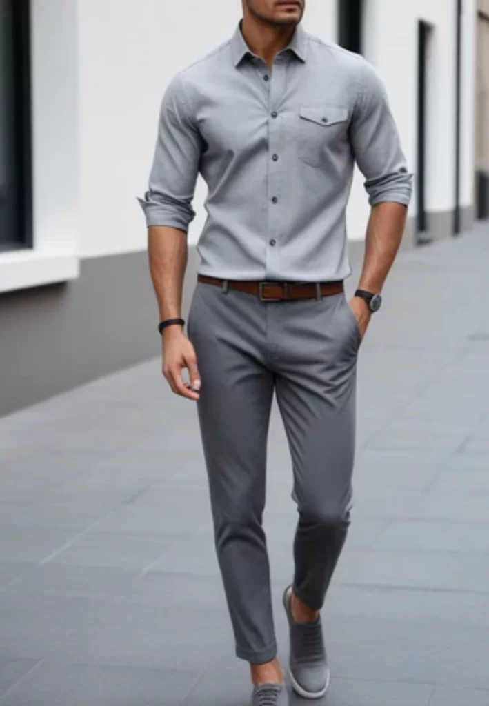 Man wearing grey shirt grey trousers