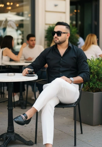 Stylish man wearing black shirt and white pants