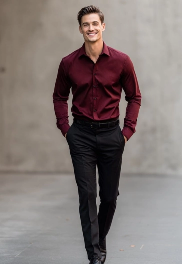 Man wearing maroon shirt outfit