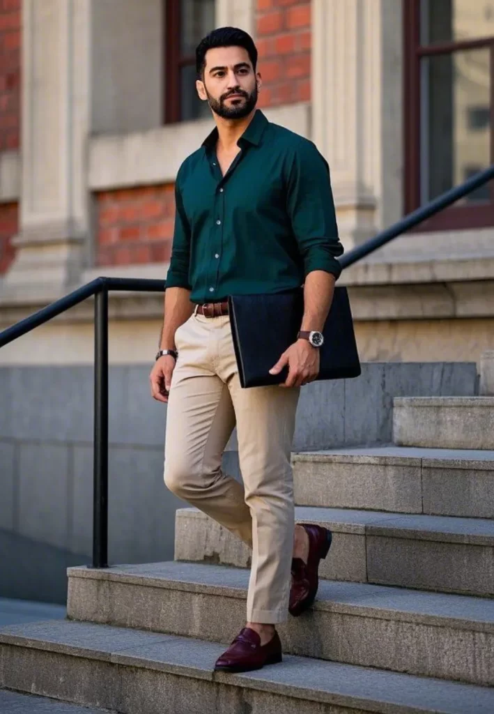 Dark green shirt with beige trousers