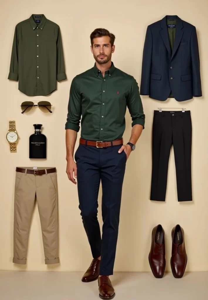 Dark green shirt with navy trousers