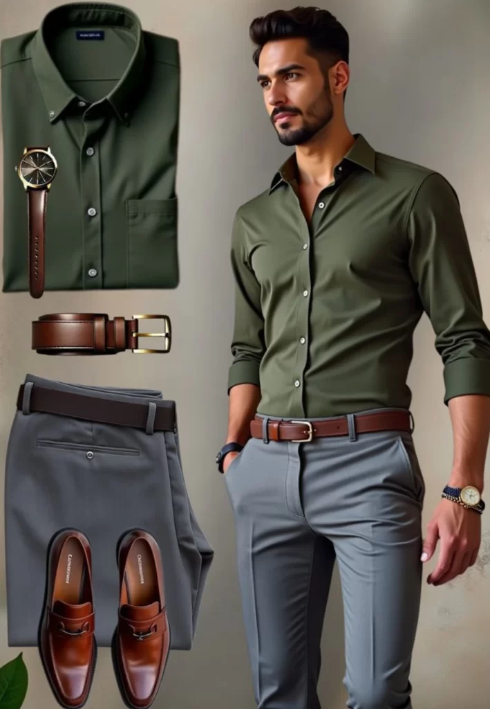 Olive green shirt with grey trousers