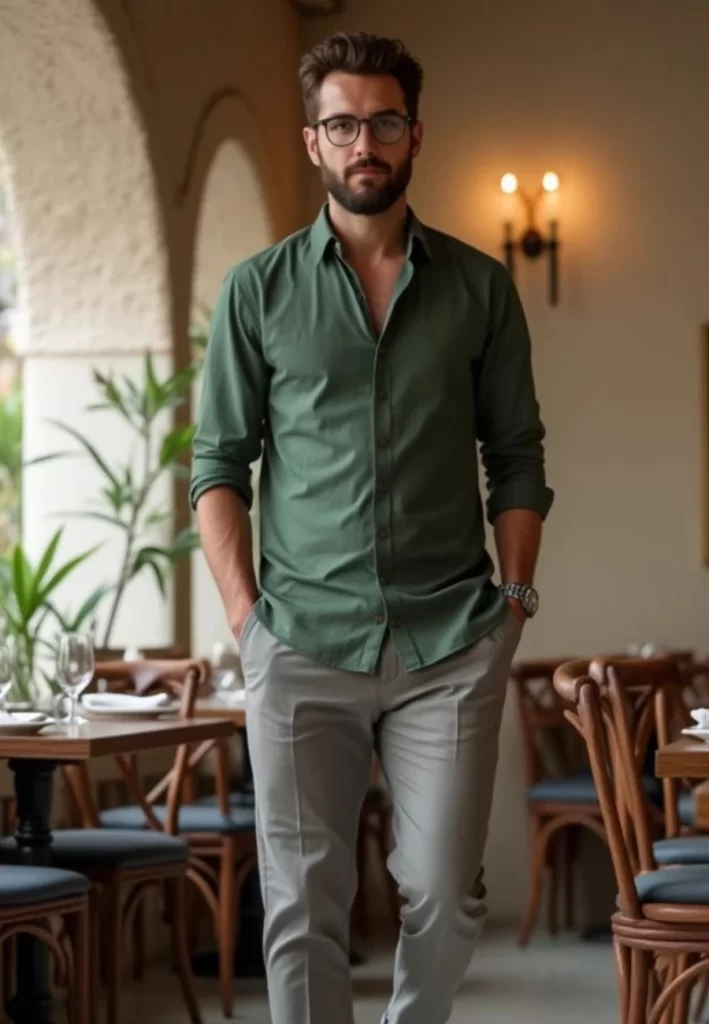 Olive green shirt with grey trousers