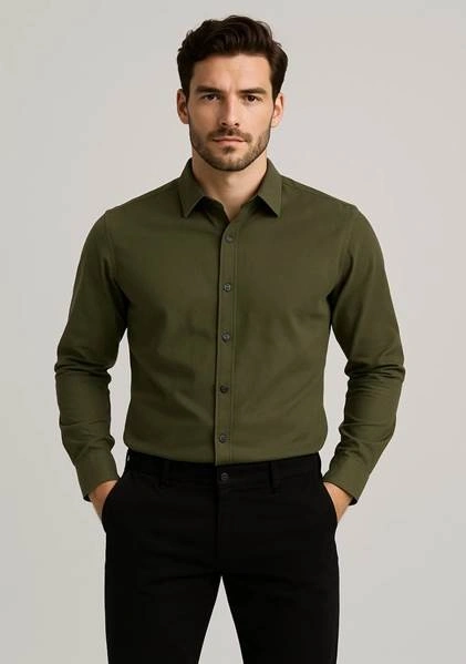 Olive green shirt and black pants outfit.