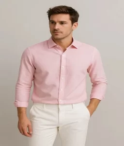 Man in pink shirt and white pent