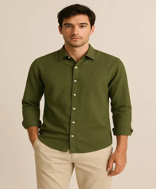 Green shirt, beige pants outfit