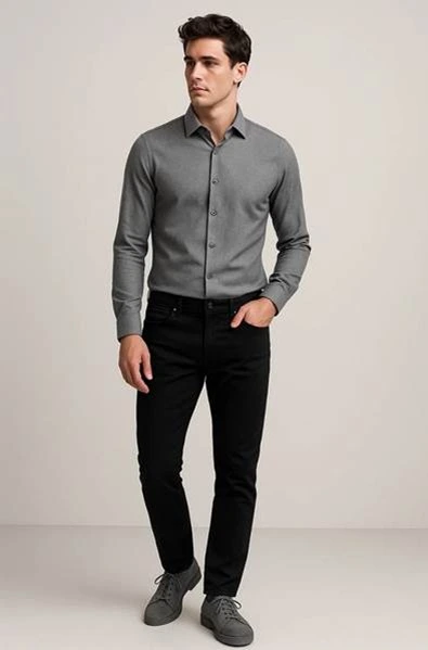 Stylish man in grey shirt outfit