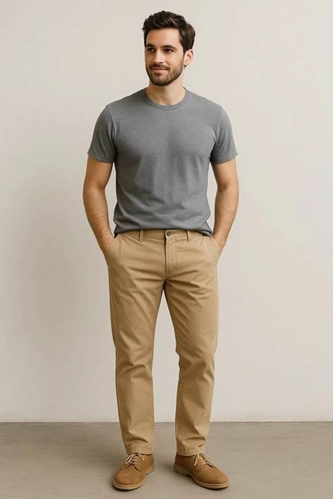 Man wearing grey tee and beige chinos