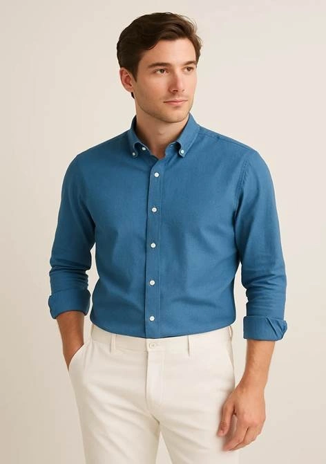 Blue Shirt with White Pants