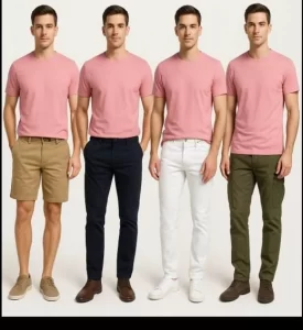 Men in pink t-shirts with different pants