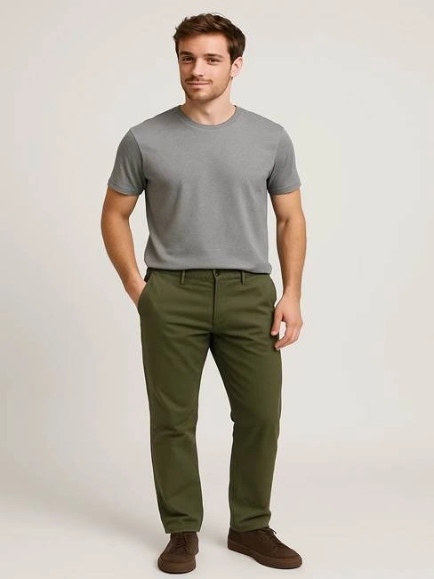 Man wearing grey tee and olive chinos