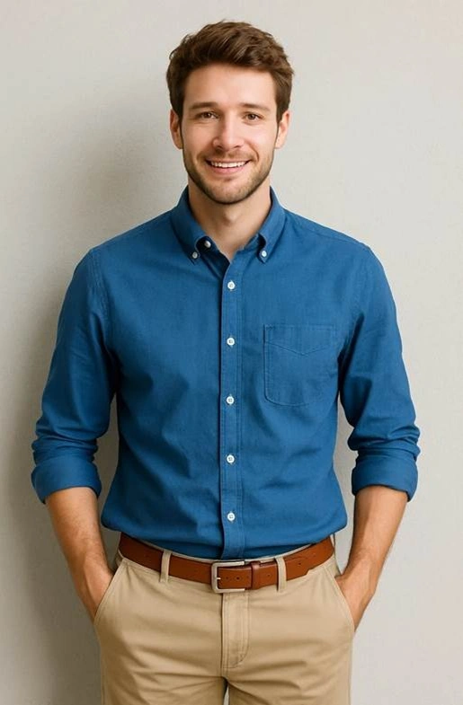 Blue Shirt with Beige Pants