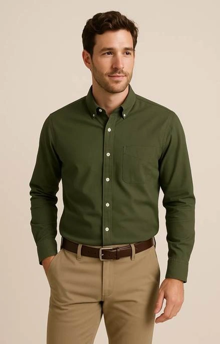 Green shirt, khaki pants outfit