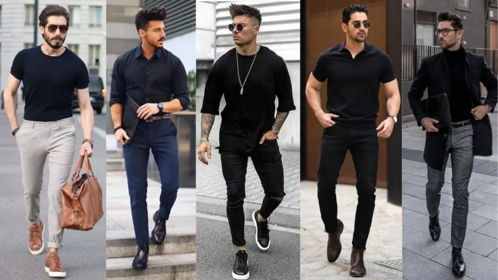 Collection of men in black outfits, stylish fashion