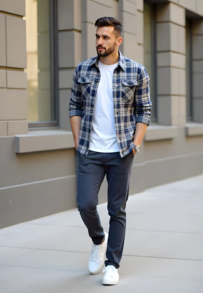 Man in casual plaid shirt outfit