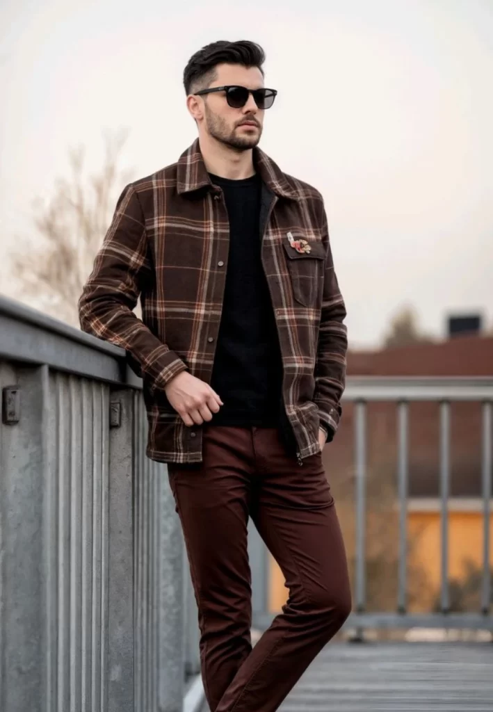 Man wearing brown checkered jacket outfit
