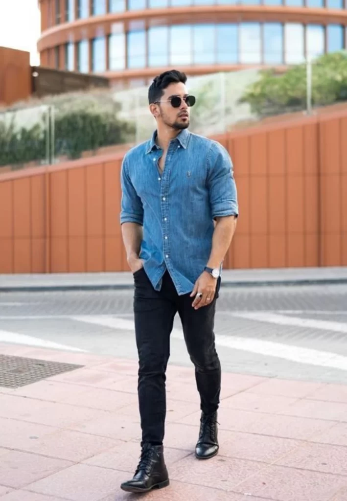 Stylish man in blue denim shirt