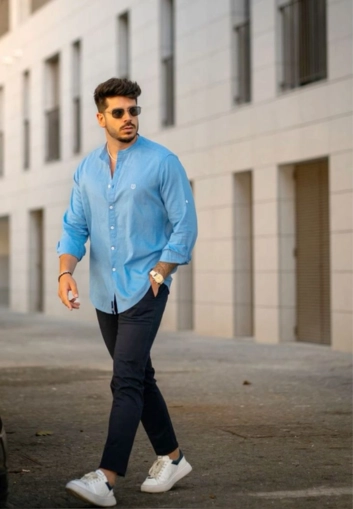 Casual blue shirt with navy pants