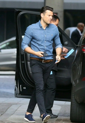 Denim shirt with black pants