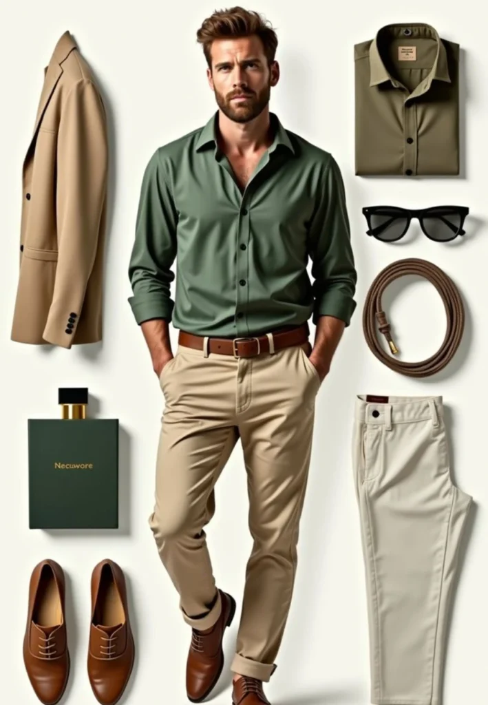 Green shirt, beige pants outfit