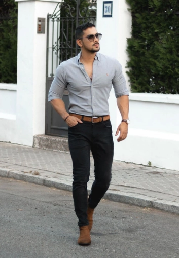 Stylish grey shirt with black pants