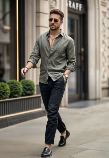 Olive shirt with black pants