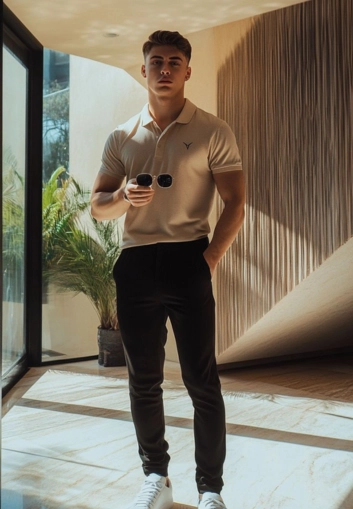 Polo shirt and black pants outfit
